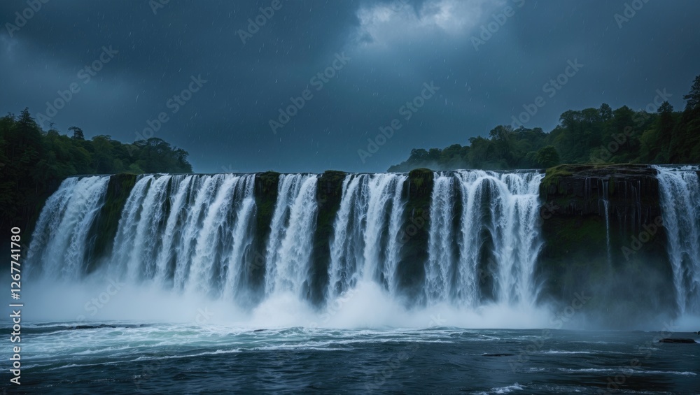 Majestic waterfall cascading down rocky cliffs under a stormy sky with dark clouds and mist in the foreground Copy Space