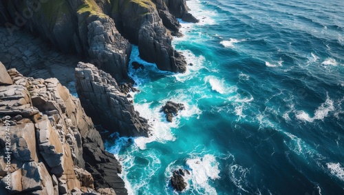 Aerial view of rocky coastline with turquoise ocean waves crashing against cliffs and large boulders textured by nature Copy Space photo