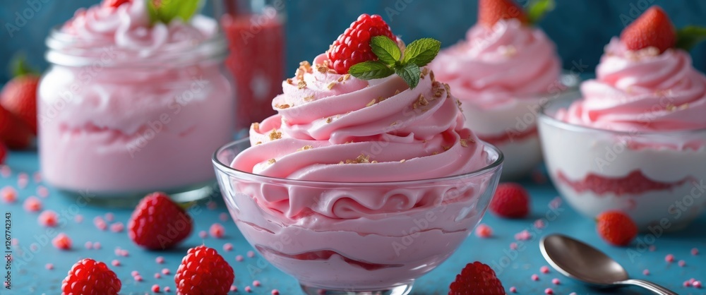 Pink whipped dessert with raspberries and mint leaves in glass bowls against a blue background with scattered berries and spoon Copy Space Pink whipped dessert with raspberries and mint leaves in glass bowls against a blue background with scattered berries and spoon Copy Space