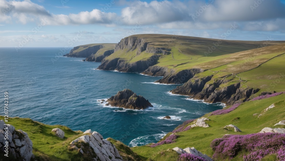 Coastal landscape with cliffs and rocky formations adorned with purple flowers under a blue sky with clouds Copy Space Coastal landscape with cliffs and rocky formations adorned with purple flowers under a blue sky with clouds Copy Space