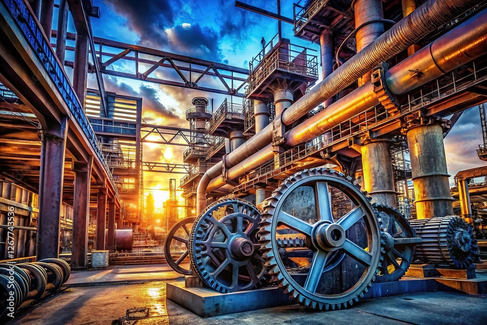 Obraz premium Mechanical tools, pipes, and cogs in an AI-rendered industrial metal world.