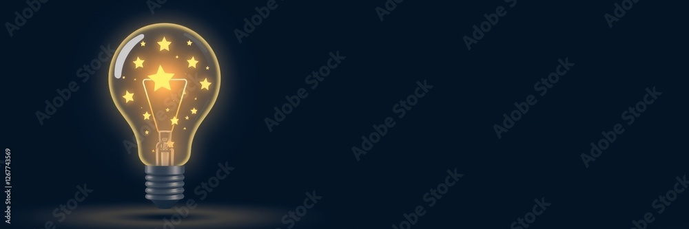 Glowing light bulb with a whimsical mood illuminating stars against a dark background Glowing light bulb with a whimsical mood illuminating stars against a dark background