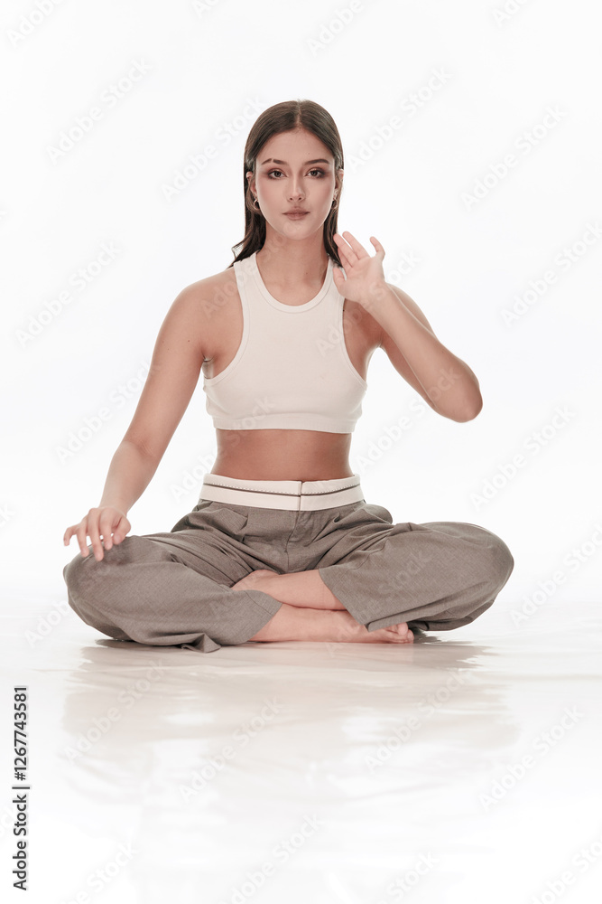 Young girl in trousers posing on a white background Young girl in trousers posing on a white background