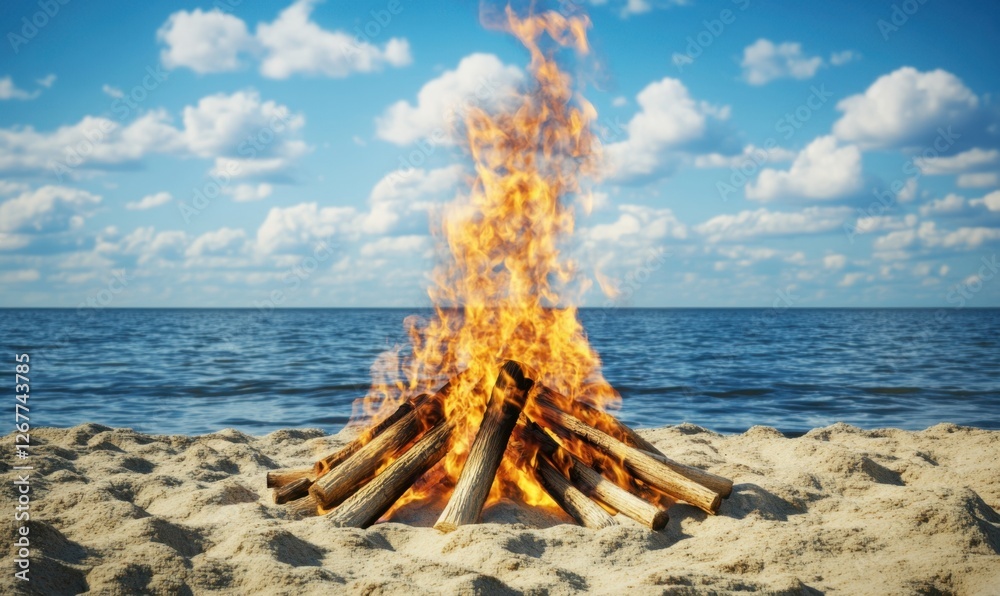 Naklejka premium A vibrant bonfire on a sandy beach with ocean waves and a clear blue sky in the background