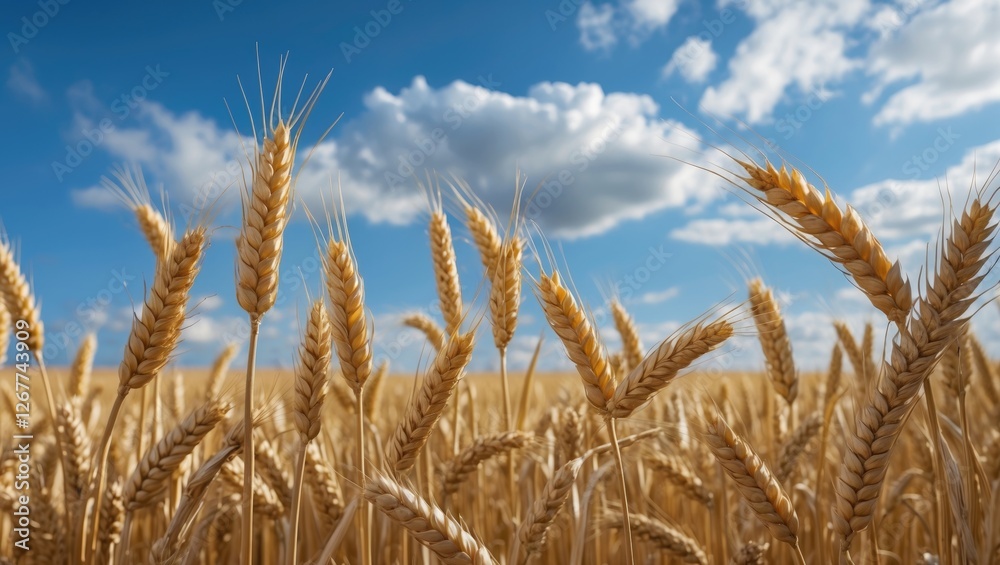 Golden wheat field under a blue sky with white clouds in the background agriculture nature landscape Copy Space Golden wheat field under a blue sky with white clouds in the background agriculture nature landscape Copy Space