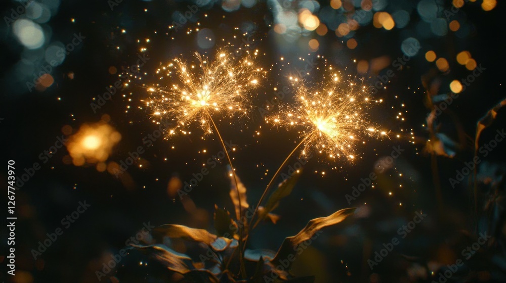 Fototapeta premium Nighttime sparklers glowing in garden bokeh