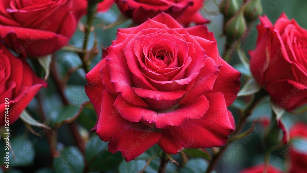 Red rose flower close-up with petals in focus surrounded by green foliage for botanical and floral design use Copy Space Red rose flower close-up with petals in focus surrounded by green foliage for botanical and floral design use Copy Space