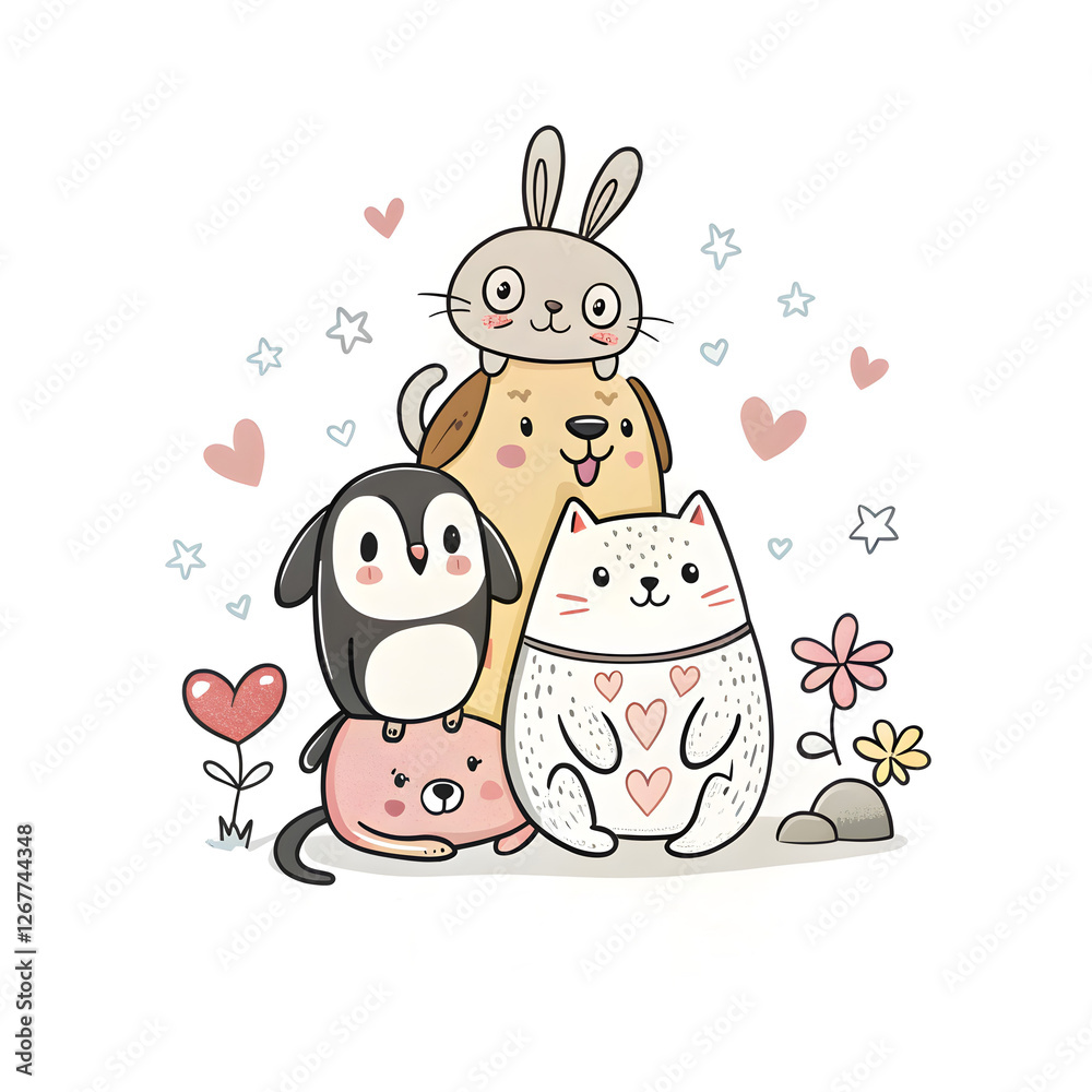 Stacked Kawaii Animals in a Pastel-Colored, Whimsical Group Portrait Stacked Kawaii Animals in a Pastel-Colored, Whimsical Group Portrait