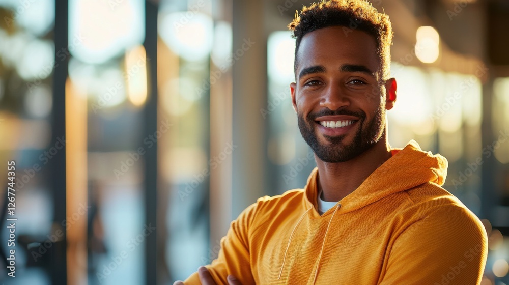 Fototapeta premium A smiling man in a vibrant workout outfit stands confidently in a brightly lit gym, surrounded by modern fitness equipment
