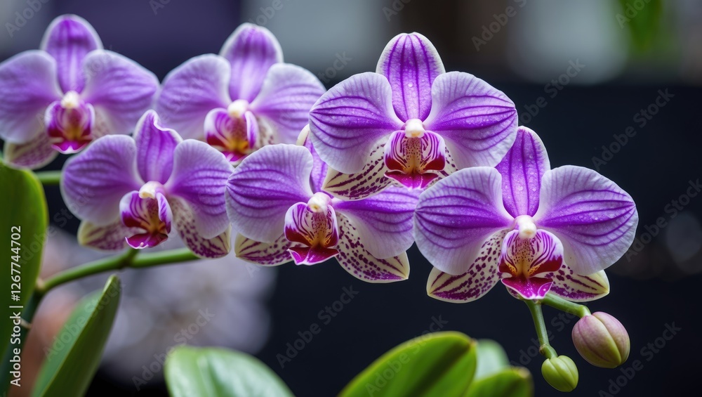 Orchid flowers in full bloom with purple and white petals showcasing intricate patterns against a blurred background with Copy Space Orchid flowers in full bloom with purple and white petals showcasing intricate patterns against a blurred background with Copy Space