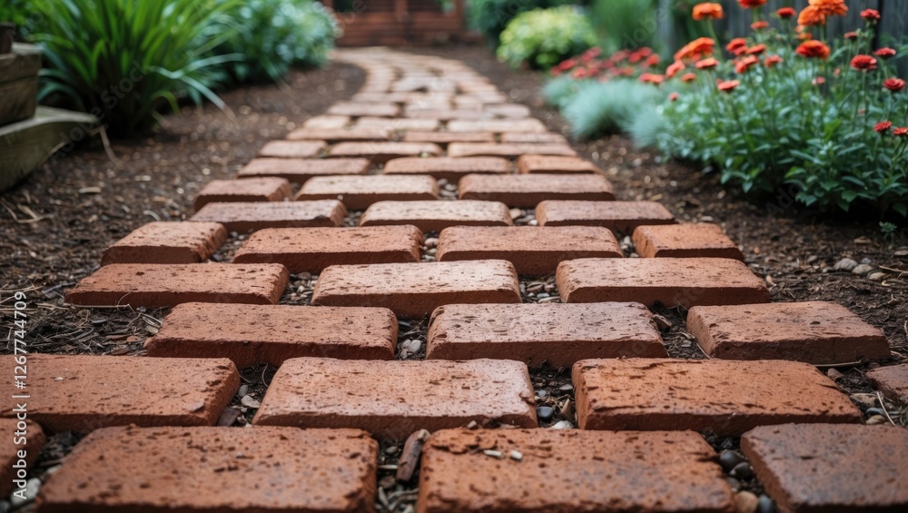 Brick pathway in garden surrounded by flowers with greenery on each side and a soft focus background Copy Space Brick pathway in garden surrounded by flowers with greenery on each side and a soft focus background Copy Space