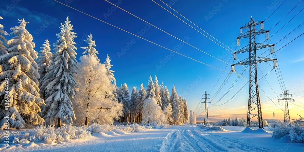 Obraz premium Frozen Finnish landscape, exposed power lines.