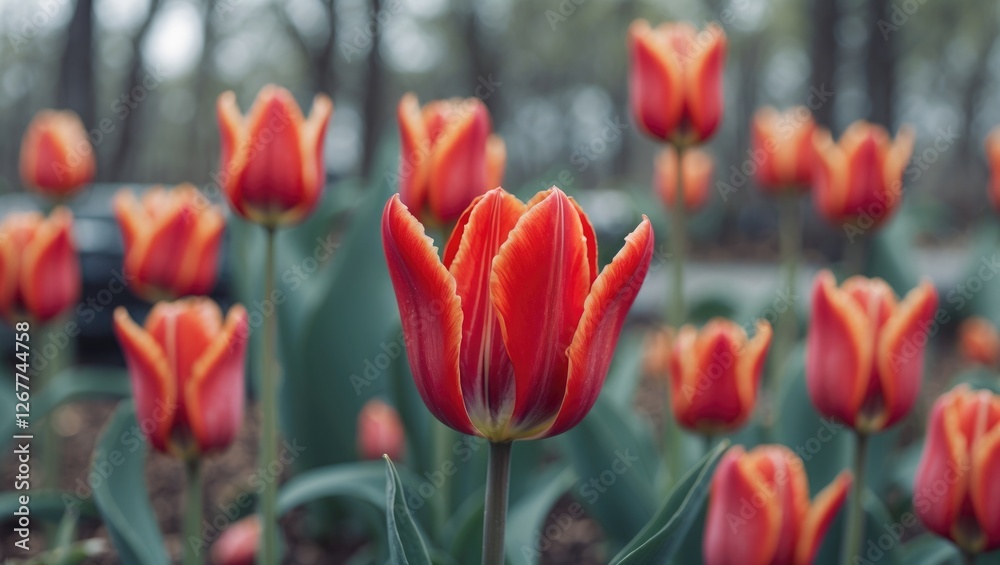 Vibrant red tulips with orange edges in a garden setting with blurred background featuring more tulips and greenery Copy Space Vibrant red tulips with orange edges in a garden setting with blurred background featuring more tulips and greenery Copy Space