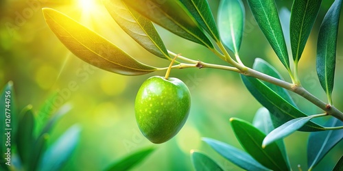 Fresh olive branch, close-up.  Rule of thirds guides the eye.  Earthy tones.