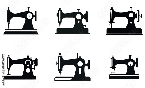 black silhouettes of vintage sewing machines on a white background.
