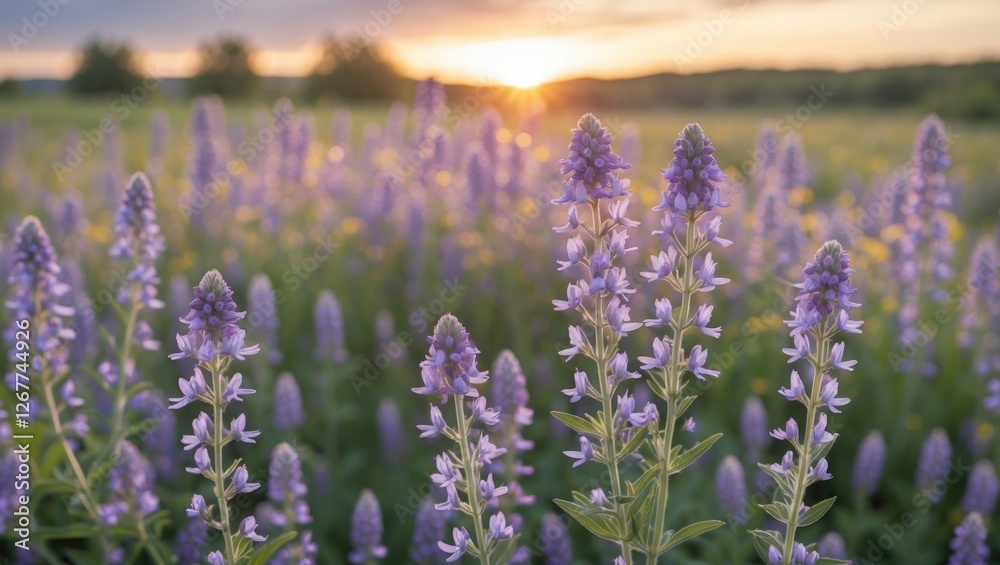 Obraz premium Lavender flowers in a vibrant field during sunset with soft lighting and blurred background Copy Space