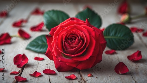 Red rose flower on wooden surface with scattered petals and green leaves in soft natural light Copy Space