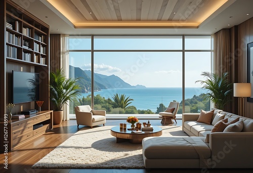 Luxurious living room beautiful view ocean has high bookshelf background home