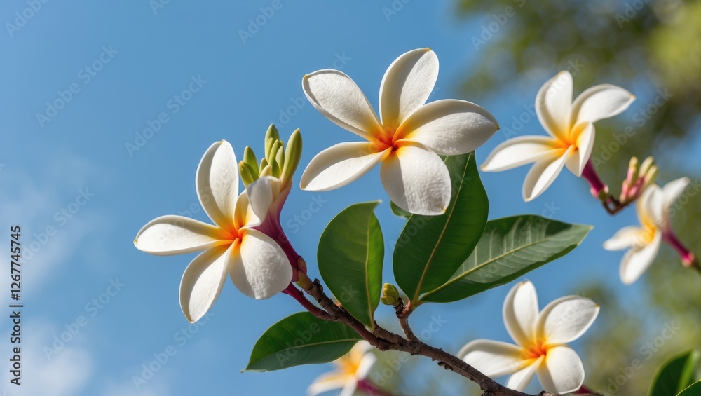 Naklejka premium Plumeria flowers blooming on a branch against a clear blue sky with green leaves and sunlight illuminating the petals. Copy Space