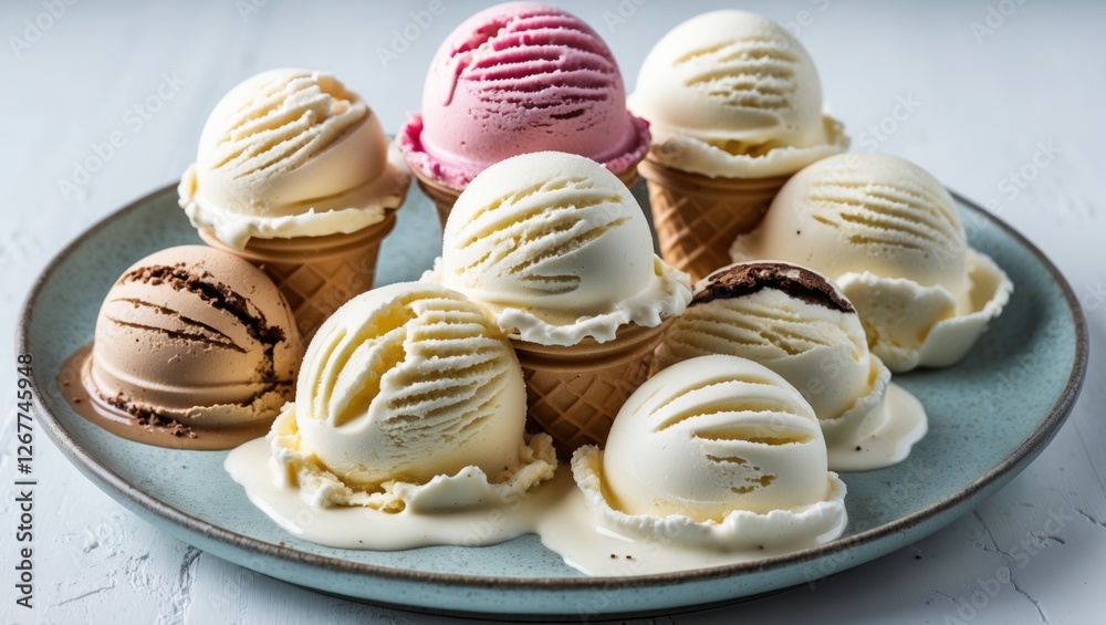 Plate of assorted ice cream scoops in cones including vanilla, chocolate, and strawberry flavors with melting ice cream, Copy Space Plate of assorted ice cream scoops in cones including vanilla, chocolate, and strawberry flavors with melting ice cream, Copy Space