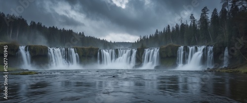 Panoramic view of a majestic waterfall surrounded by dense forest and dark stormy clouds with reflective water in the foreground Copy Space