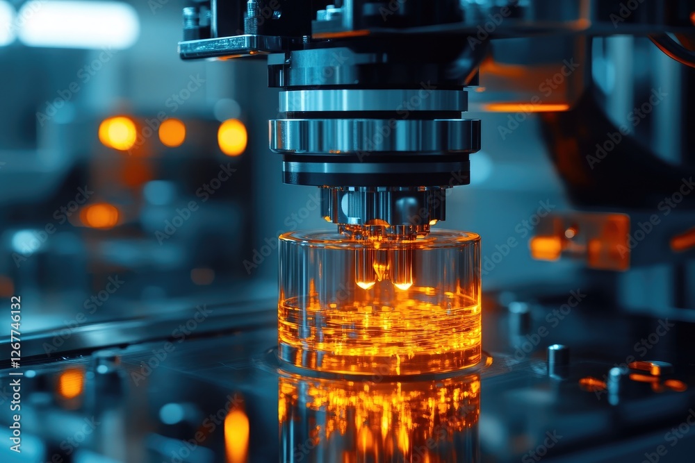 Pharmaceutical manufacturing, automated machine processing liquid medicine in glass vial Pharmaceutical manufacturing, automated machine processing liquid medicine in glass vial