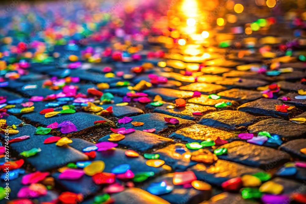 Close-up confetti explosion, dancing on aged cobblestones. Close-up confetti explosion, dancing on aged cobblestones.