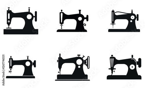 black silhouettes of vintage sewing machines on a white background.