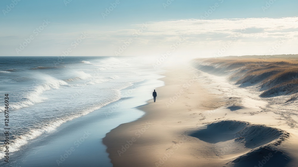 Obraz premium Solitude by the Sea: A lone figure strolls along a pristine beach