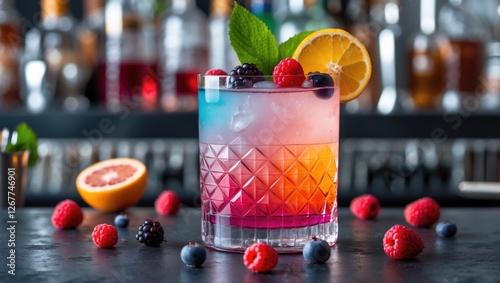 Colorful layered cocktail with fresh berries garnished with mint and lemon in a crystal glass on a bar counter with blurred background. Copy Space photo