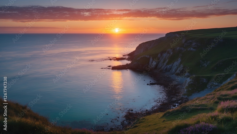 Sunset over calm sea with cliffs and rocky shoreline under colorful sky in coastal landscape with Copy Space Sunset over calm sea with cliffs and rocky shoreline under colorful sky in coastal landscape with Copy Space