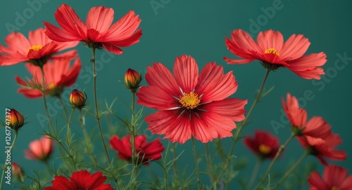 Vibrant red cosmos flowers in full bloom against a green background with soft foliage and copy space for text placement