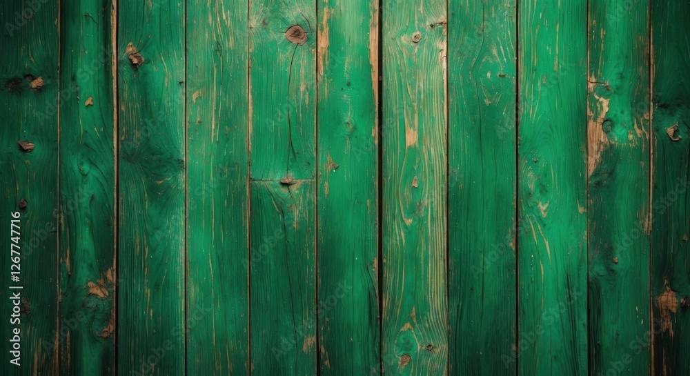Fototapeta premium Green textured wooden background with knots and scratches providing a rustic look, suitable for various design applications. Copy Space.