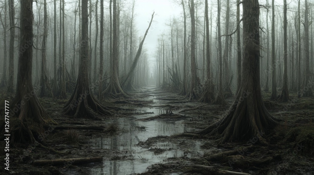 Fototapeta premium Misty swamp path, cypress trees, murky water, eerie atmosphere; nature background