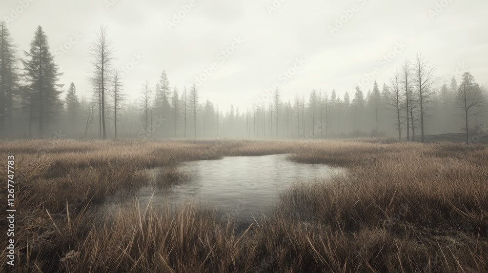 Fototapeta premium Misty swamp forest landscape; tranquil nature scene, ideal for websites or video games