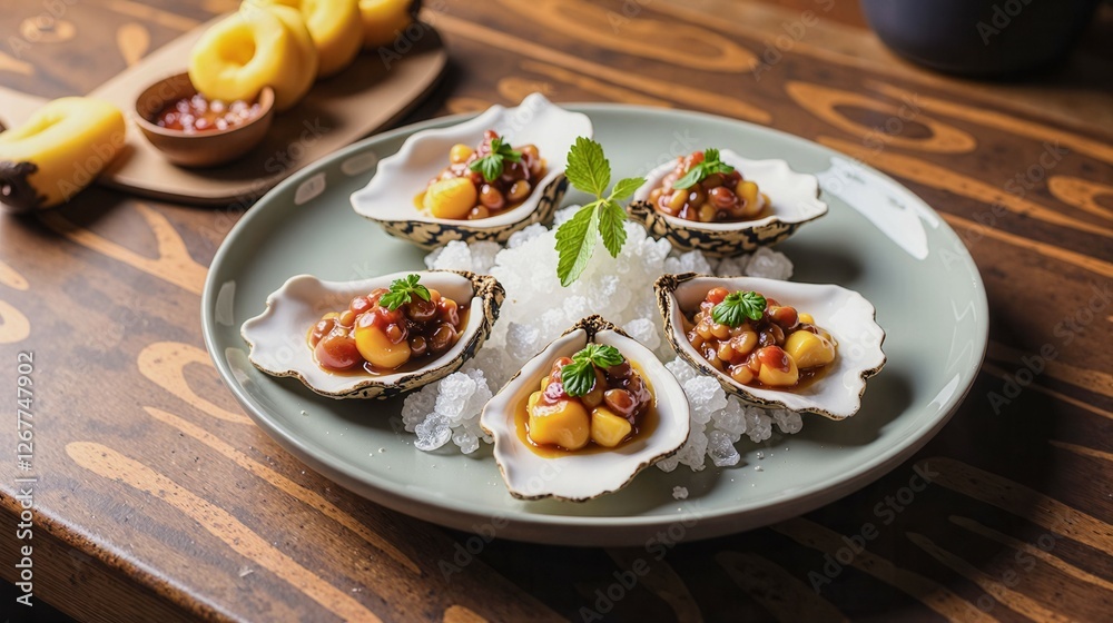 A plate of oysters with a green leaf on top. The plate is on a wooden table A plate of oysters with a green leaf on top. The plate is on a wooden table