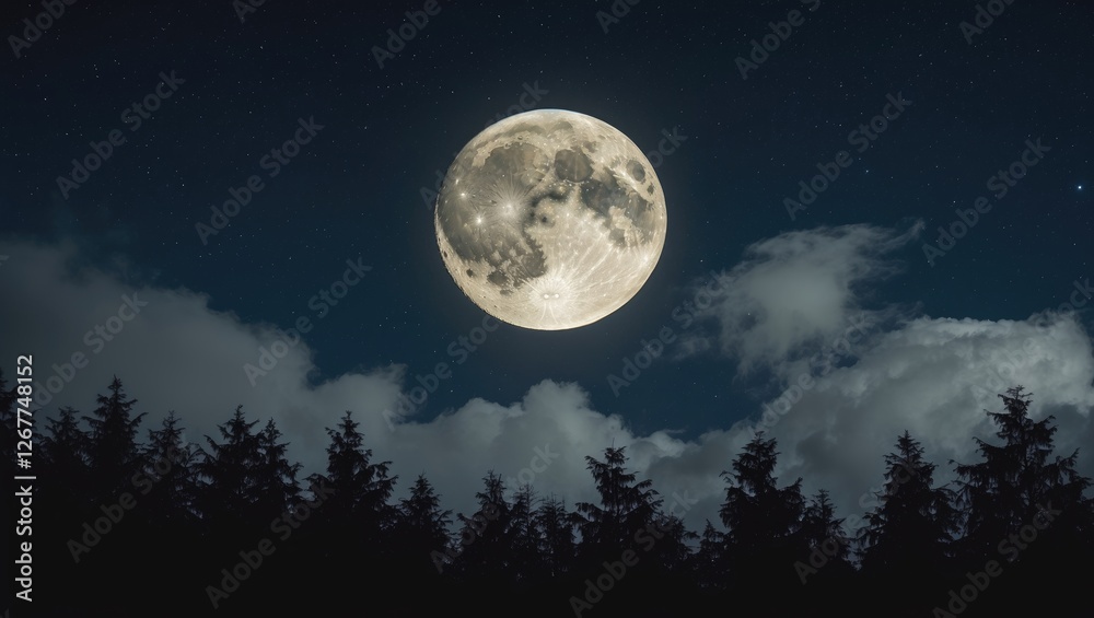 Full moon illuminating a night sky above dense forest silhouette with scattered clouds and twinkling stars Copy Space Full moon illuminating a night sky above dense forest silhouette with scattered clouds and twinkling stars Copy Space