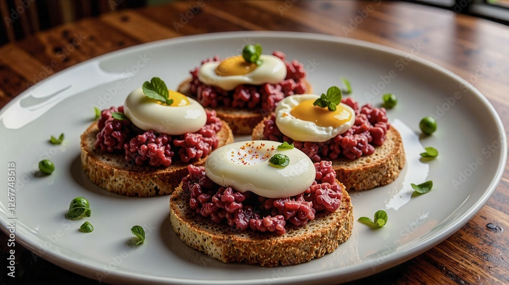 Three egg sandwiches with yellow sauce on a white plate. The sandwiches are topped with eggs and peas Three egg sandwiches with yellow sauce on a white plate. The sandwiches are topped with eggs and peas