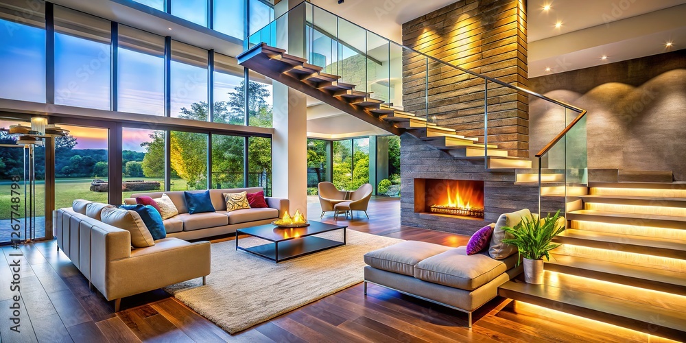 Fototapeta premium AI-enhanced photo of a contemporary living room, featuring stairs, a fireplace, and sofa.