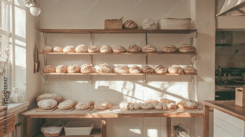 Bakery counter with three wooden shelves above it. on the shelves, there are several freshly baked breads of different sizes and shapes. Bakery counter with three wooden shelves above it. on the shelves, there are several freshly baked breads of different sizes and shapes.