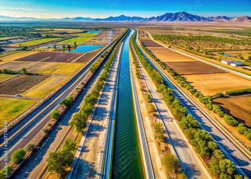 Aerial view of Yuma, Arizona irrigation canal, maintenance road, and surrounding landscape.