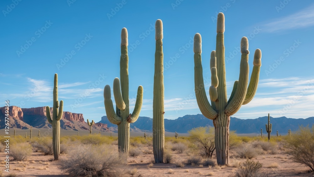 Saguaro cacti in desert landscape with blue sky and distant mountains Copy Space Saguaro cacti in desert landscape with blue sky and distant mountains Copy Space