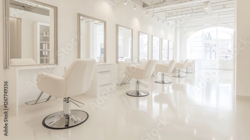 Modern hair salon interior, white chairs, bright lighting, city view