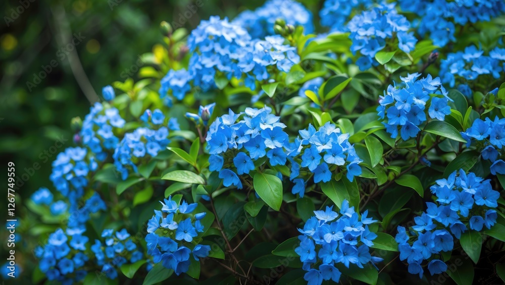Blue flowers in full bloom surrounded by lush green leaves in a garden setting with Copy Space for text placement. Blue flowers in full bloom surrounded by lush green leaves in a garden setting with Copy Space for text placement.