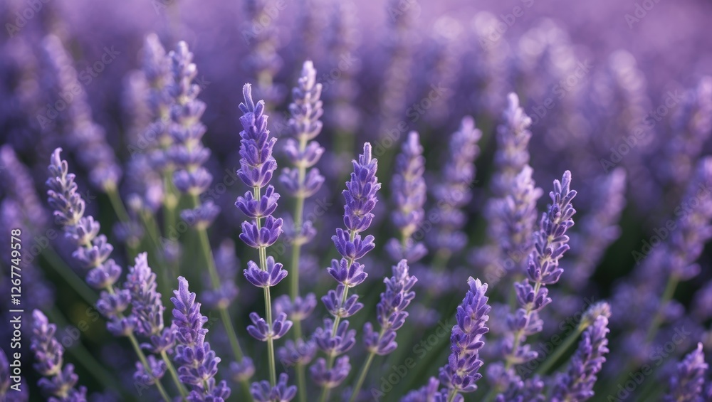 Obraz premium Lavender field close-up with blooming purple flowers in soft focus natural botanical background Copy Space