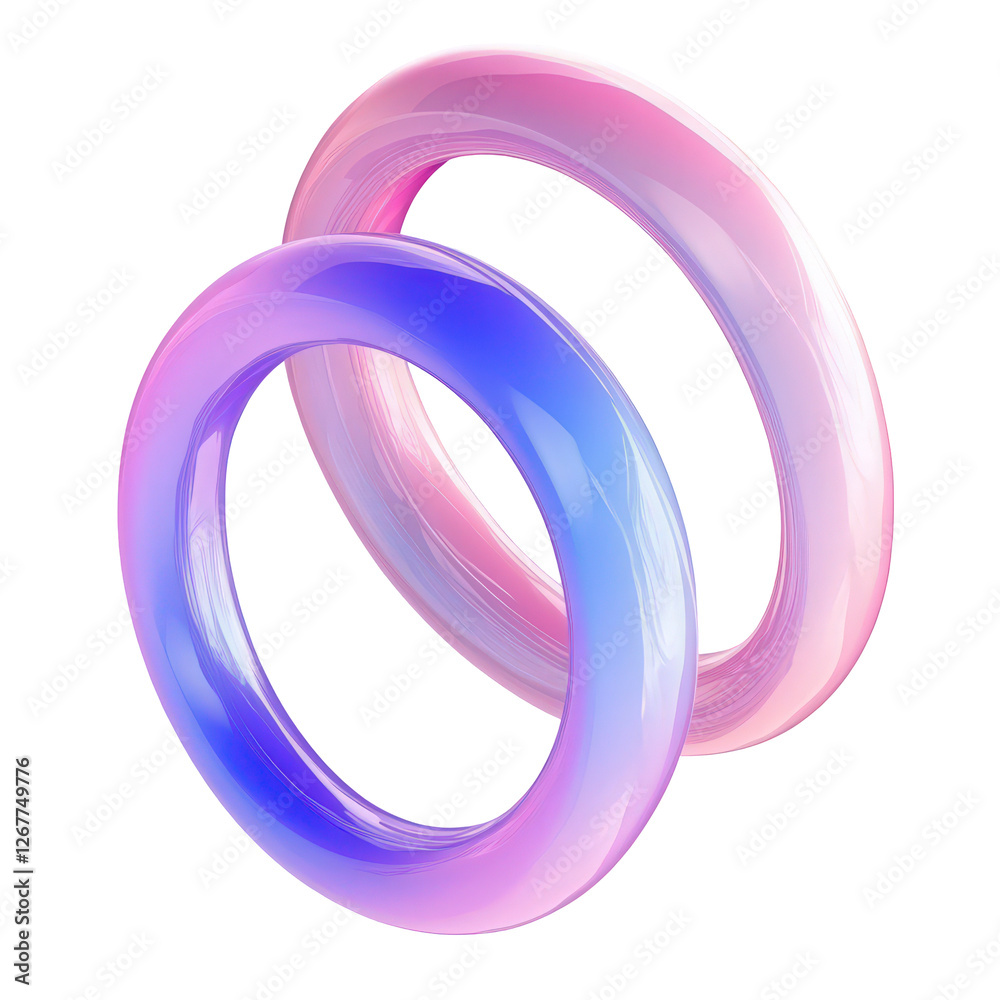 Two iridescent, overlapping rings in shades of pink and purple against a black background. Two iridescent, overlapping rings in shades of pink and purple against a black background.