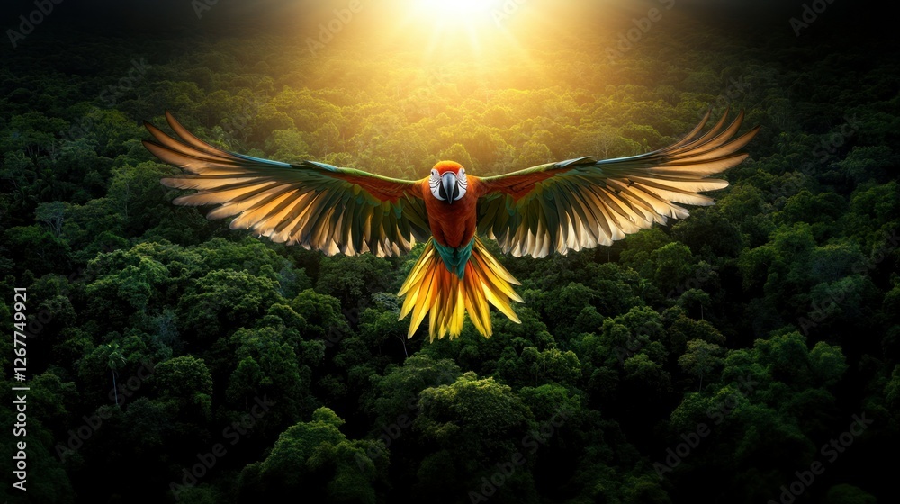 Obraz premium Majestic parrot in flight over a dense rainforest at sunset