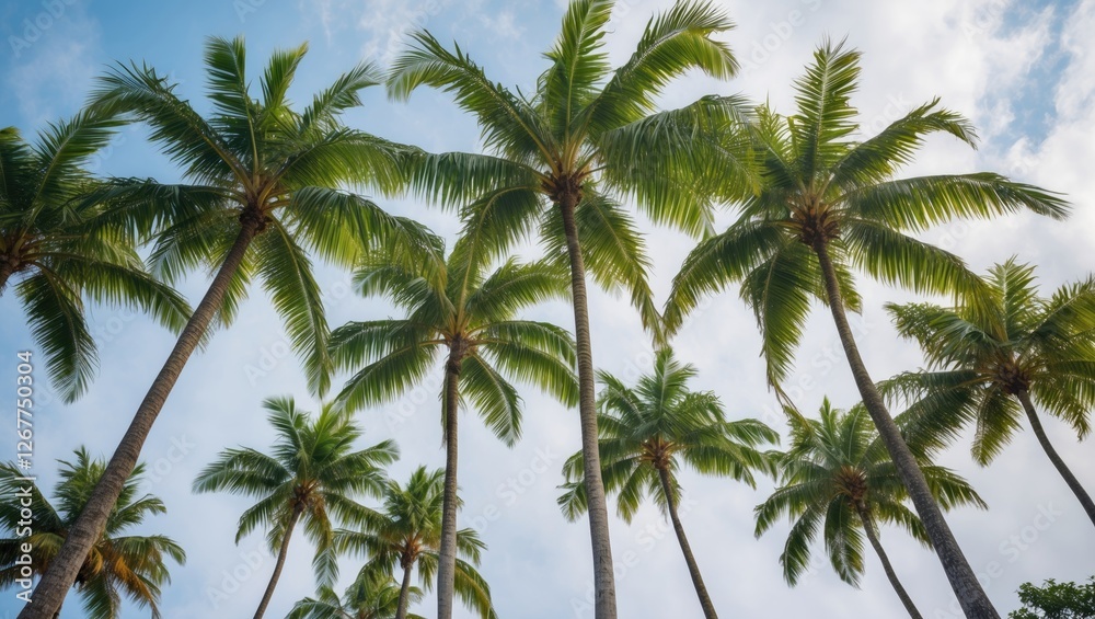 Palm trees against a cloudy sky with green foliage and tall trunks creating an upward perspective and natural background Copy Space Palm trees against a cloudy sky with green foliage and tall trunks creating an upward perspective and natural background Copy Space