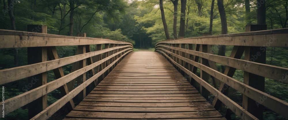 Wooden pedestrian bridge leading through a lush green forest with dense trees on either side and soft natural light, Copy Space Wooden pedestrian bridge leading through a lush green forest with dense trees on either side and soft natural light, Copy Space