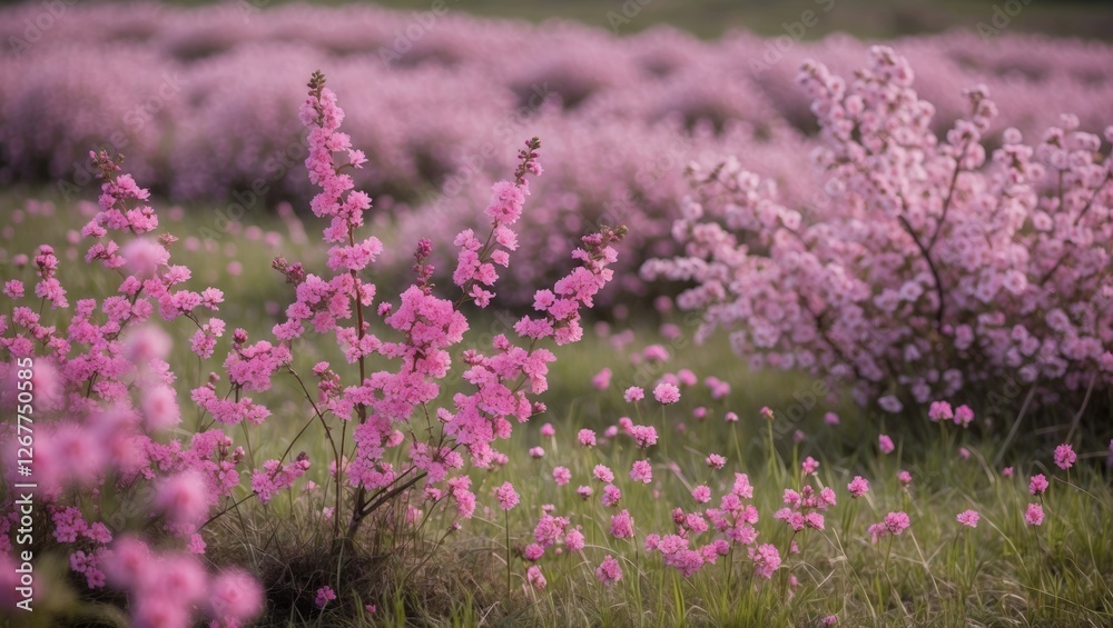 Fototapeta premium Pink flowering landscape with blooming shrubs and flowers in soft focus creating a serene natural environment with Copy Space